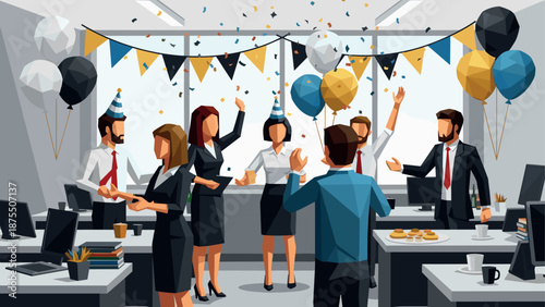 Office celebration: geometric style business team party with balloons and confetti