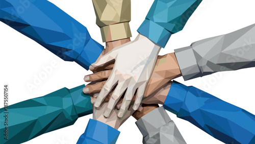Geometric hands united: teamwork in low poly style