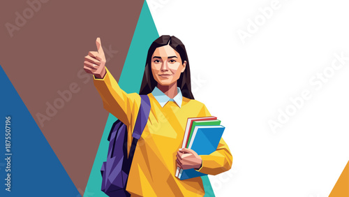 Polygonal art of confident student with thumbs up and books