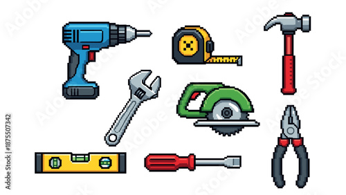 Colorful pixel art of essential hand tools for construction and diy projects