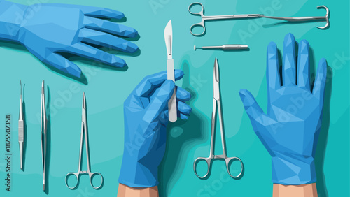 Low poly surgical tools and gloved hands on teal background