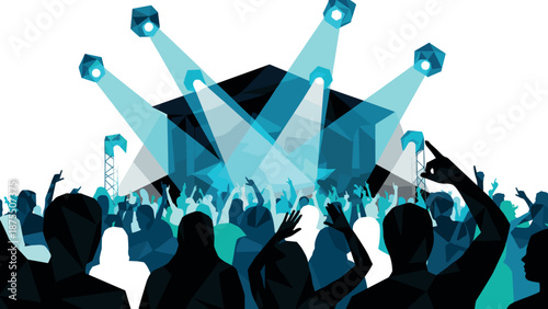 Geometric concert scene with audience and stage lighting in blue hues