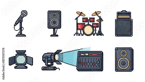 Pixel art musical instruments and audio equipment set for live performance