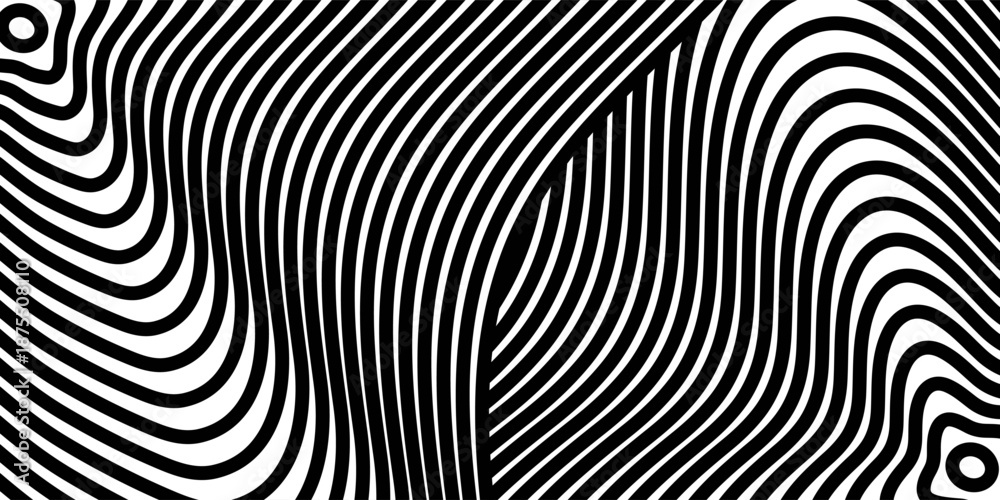 Fototapeta premium Abstract hypnotic pattern with black-white striped lines. Psychedelic background. Op art, optical illusion. Modern design, graphic texture.vector.eps 10.