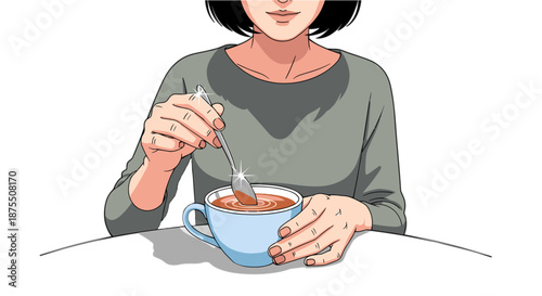 Woman stirring hot drink in blue cup while sitting at table  