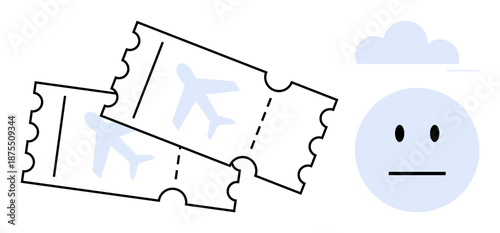 Travel uncertainty, aviation delays, vacation planning, passenger concerns, air travel, emotional connection. Two plane tickets and a neutral face under a cloud. Travel uncertainty and aviation