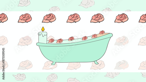 Relaxing mint green bathtub with roses and candlelight ambiance