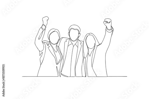 Three business people celebrating with raised fists in line drawing