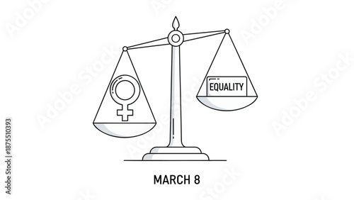 Balanced scales with female symbol and equality text on march 8th for women's rights and gender equality