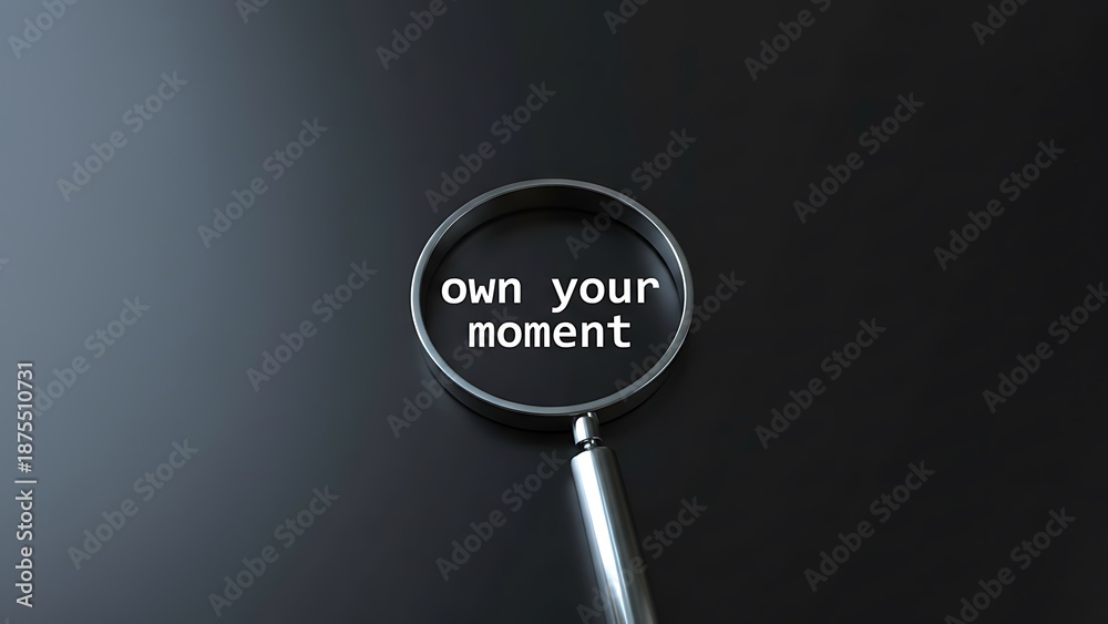 Fototapeta premium Magnifying glass focuses on white text 'own your moment' against a dark, reflective surface, symbolizing focus and seizing opportunities.