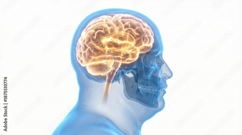 Fototapeta premium Man with illuminated brain visible inside translucent head medical visualization