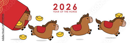 Happy lunar new year 2026 greeting card and banner with cute horse. Animal zodiac cartoon character. -Vector