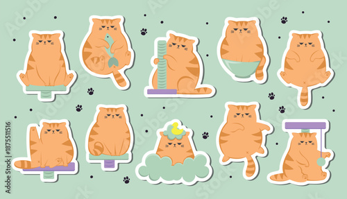 The collection stickers with  of cute funny grumpy ginger cat. Cats sitting, sleeping and playing with cats house. Cute funny cartoon cat character in different poses.