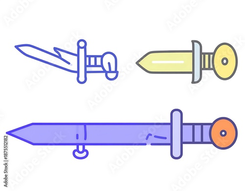 Three simple, cartoon-style daggers in different colors blue, yellow, and purple. All have hilts and blades, set against a white background