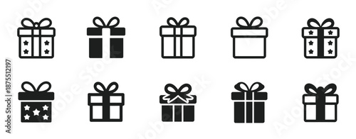 Gift box vector icon collection showing surprise gift packages, christmas themed presents, ribbons, and line or silhouette style illustrations, ideal for holiday graphics, e commerce, greeting cards, 