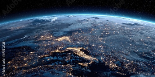 A distant, nighttime view of a portion of Earth, illuminated by city lights in space