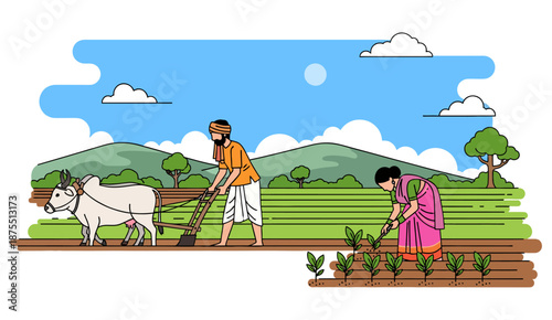 Traditional Indian farmers working in field with cow and plow vector illustration.