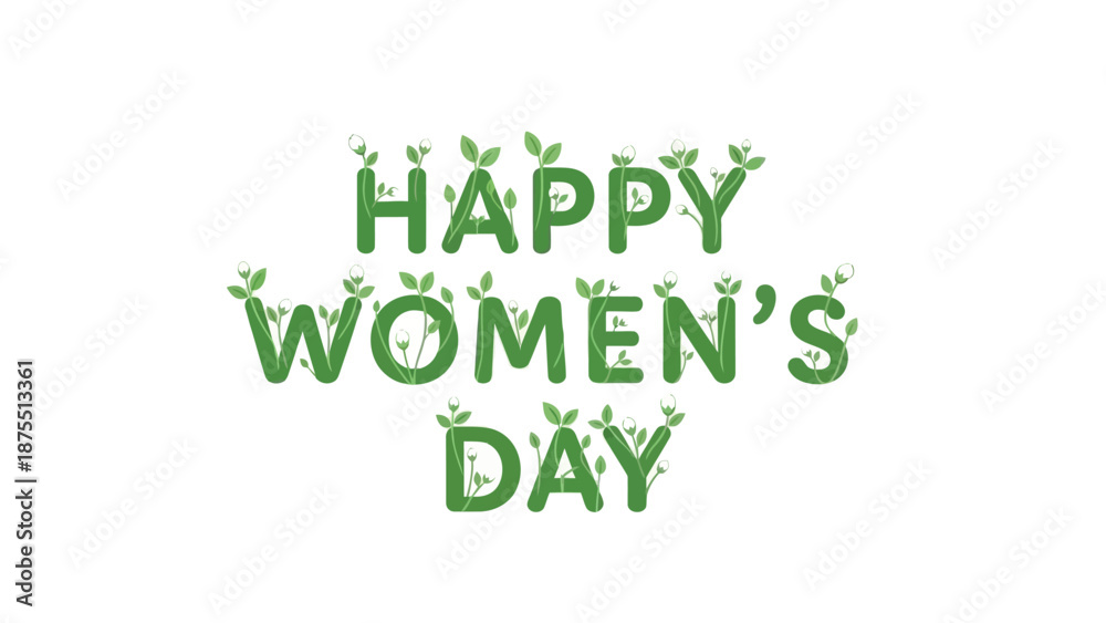 Obraz premium Happy women's day green text with leafy floral decorative elements on white background