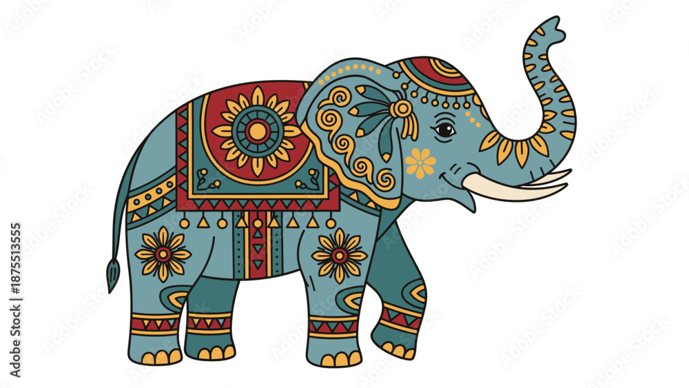 Obraz premium Indian decorated elephant illustration in traditional boho style with floral ornaments.