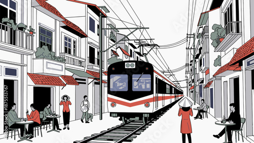 Commuter Train Passing Through a Dense Urban Residential Area Illustration.