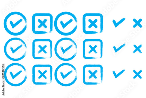 Grunge crayons drawn tick and cross symbols set. Chalk stroke green and red handwriting checkbox wrong right choice marks with rough texture vector graphic