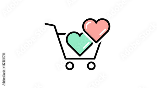"Shopping cart icon with two hearts, online shopping love concept, flat line art illustration."