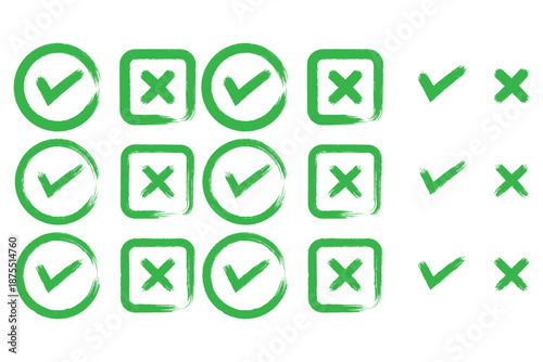 Grunge crayons drawn tick and cross symbols set. Chalk stroke green and red handwriting checkbox wrong right choice marks with rough texture vector graphic
