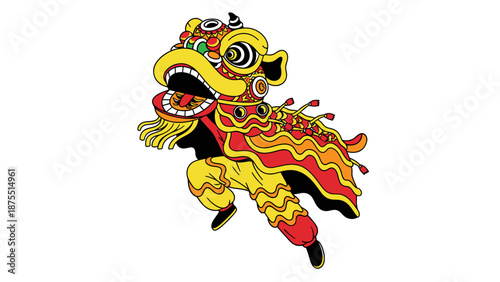 Traditional Chinese Lion Dance Performance Illustration.