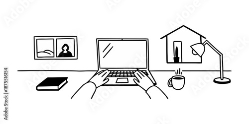 Remote Work Business Lifestyle with Professional Working from Home Office Using Laptop and Coffee – Clean Setup