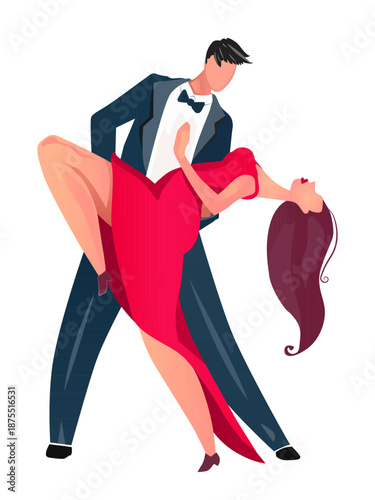 Elegant Dancing Couple in Passionate Latin Pose With Red Dress and Black Suit