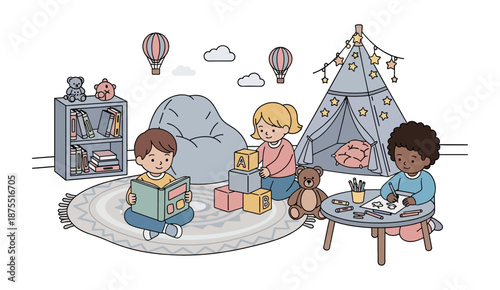 Kids playing in a cozy indoor playroom illustration.