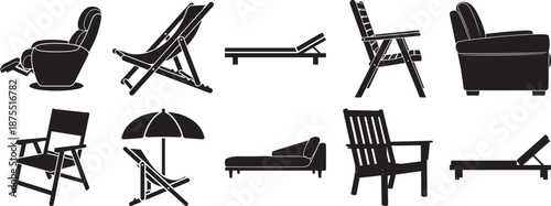 Variety of comfortable and leisure seating furniture silhouettes including chairs, loungers, and an umbrella Vector