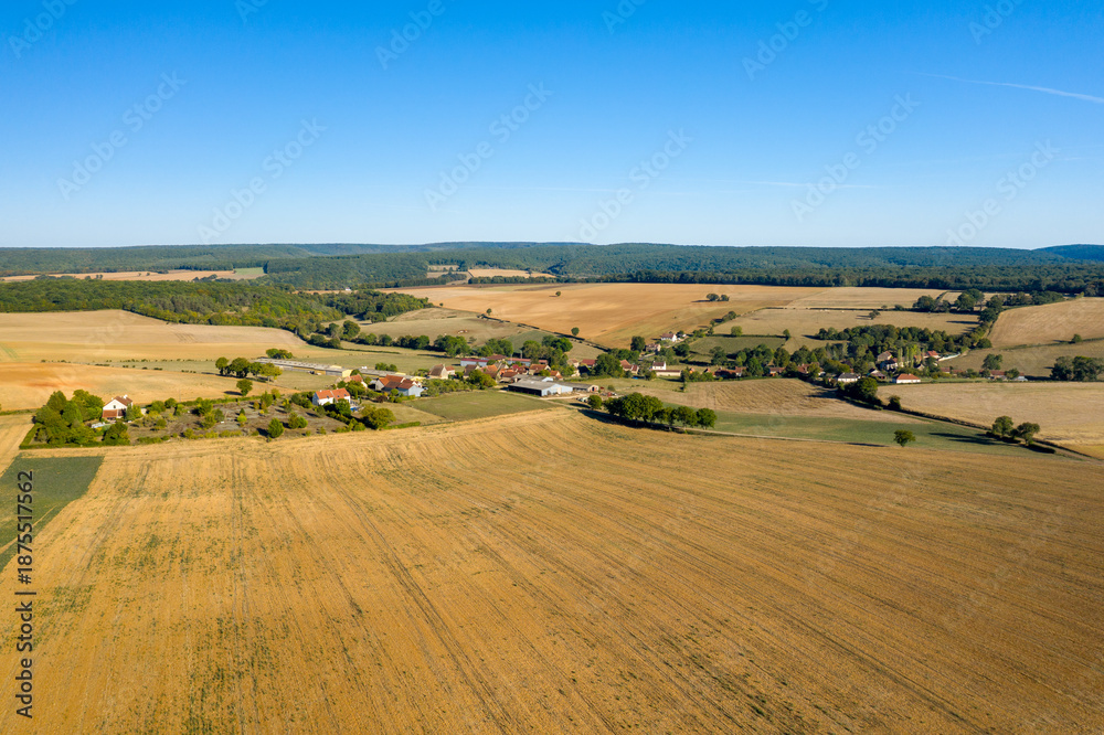 Fototapeta premium Aerial view of a small rural village surrounded by wide golden fields, scattered trees, and distant woodland under a vivid blue sky in central France. The open landscape and patchwork farmland create