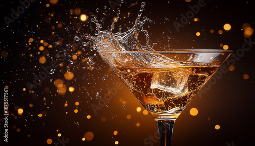 Golden liquid splashes dynamically from martini glass. Dark backdrop with warm bokeh lights creates luxurious, festive atmosphere for celebration