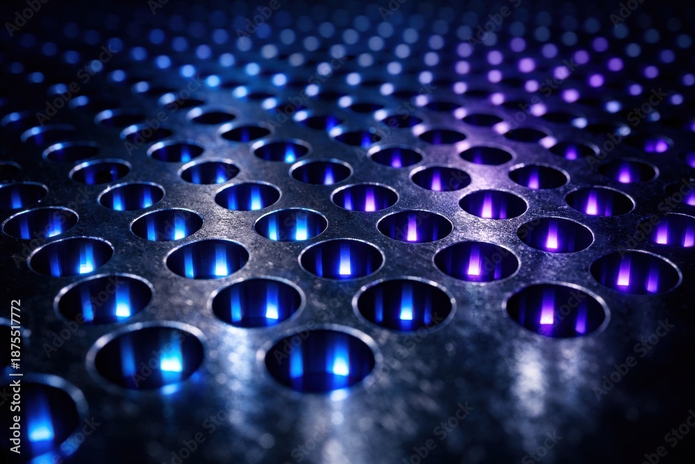 Obraz premium Metal surface with glowing purple and blue light holes, abstract industrial texture and futuristic technology pattern.