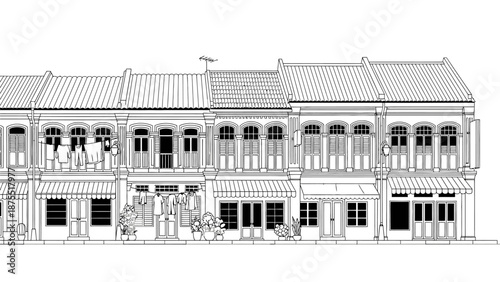Row of traditional Asian shophouses with classic colonial architecture.