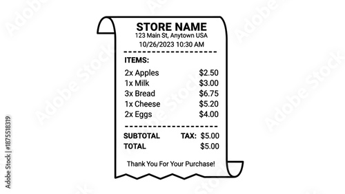 Grocery store shopping receipt paper illustration.