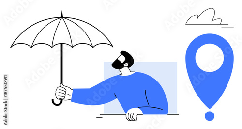 Protection, navigation, location services, travel safety, guidance, weather preparedness. Man holding an umbrella with a geolocation marker. Protection and navigation concept