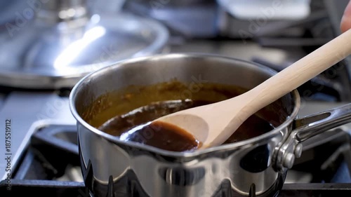 Stirring Thick Dark Sauce in Stainless Pot on Kitchen Stove