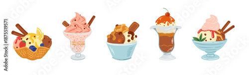 Sweet ice cream bowl set with fruits and toppings vector illustration in hand drawn cartoon style. Summer frozen dessert with creamy scoops