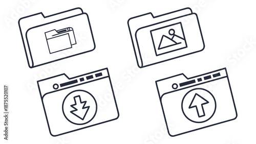 Set of four simple outline icons representing file folders and digital operations.