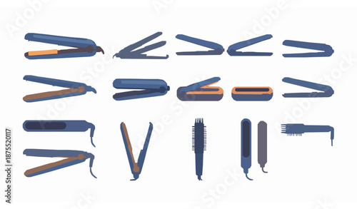 Hair straightener cartoon icon set with salon flat irons and hair styling tools