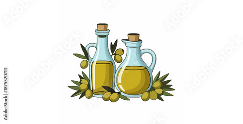 Cute olive oil bottle and jug cartoon icon vector set