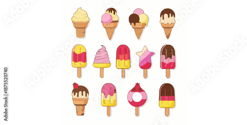 Cute ice cream and popsicle cartoon icon set vector