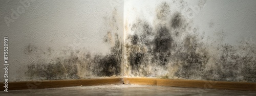 Mold grows in corner of room affecting walls and floor near baseboard with visible discoloration and texture
