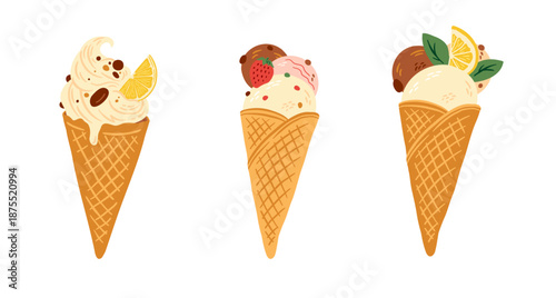 Hand drawn ice cream cone set vector illustration. Gelato, lemon icecream italian dessert.