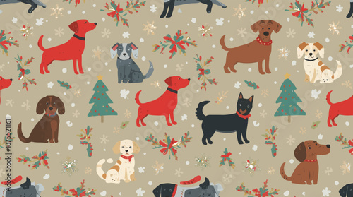 Vector template featuring Christmas dog fabric motifs in a repeating pattern, with a flat design style, incorporating illustrations of adorable dogs surrounded