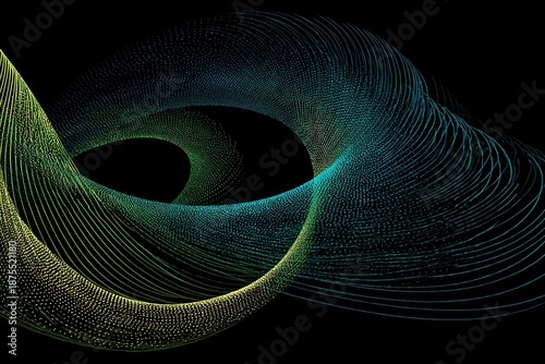 Digital art featuring flowing lines, shades of blue and green, set against a black backdrop