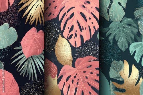 Three panels of colorful tropical leaf patterns with gold and glitter accents on a dark background
