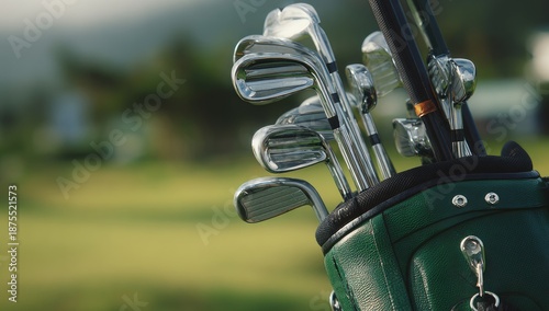 A close-up showcases a set of polished golf clubs nestled inside a green golf bag